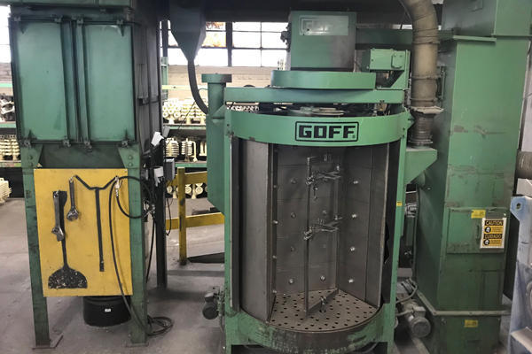 Used Goff Model: 2460 D 24 x 60 Inch Indexing Two Chamber Spinner Hanger Abrasive Shot Blast & Peening Machine