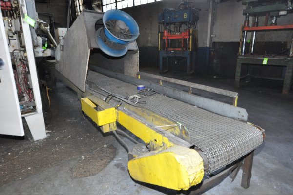 Used PDC Model: 24 Inch Wide by 25 foot long Metal Chain Plate Conveyor Belt with Forced Air Cooling Fans and Tunnel for Die Cast and Foundry Applications