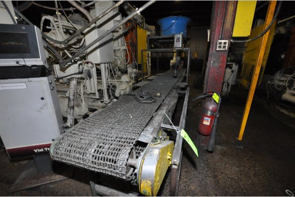 Used PDC Model: 18 Inch Wide by 16 foot long Metal Chain Plate Conveyor Belt with Forced Air Cooling Fans and Tunnel for Die Cast and Foundry Applications