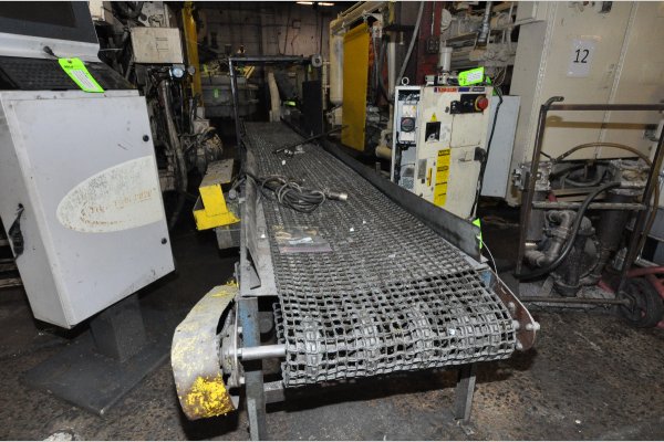 Used PDC Model: 24 Inch Wide by 20 foot long Metal Chain Plate Conveyor Belt with Forced Air Cooling Fans and Tunnel for Die Cast and Foundry Applications