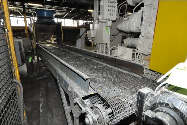 Used PDC Model: 24 Inch Wide by 20 foot long Metal Chain Plate Conveyor Belt with Forced Air Cooling Fans and Tunnel for Die Cast and Foundry Applications