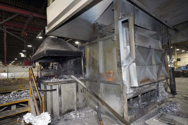 Used F.W. Schaefer Model: 5000 Pounds per Hour Melt Rate Dry Hearth Type Natural Gas Fired Stationary Aluminum Melting and Holding Furnace