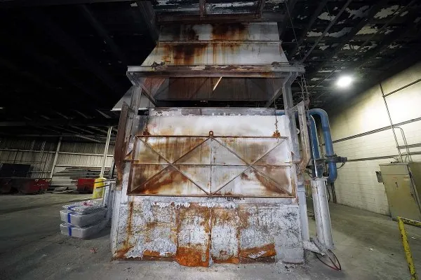 Used F.W. Schaefer Model: 7000 Pounds per Hour Melt Rate Dry Hearth Type Natural Gas Fired Stationary Aluminum Melting and Holding Furnace
